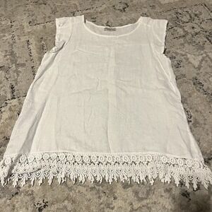 Terzo Millennio Women M Linen Blouse White Crocheted Lace‎ Trim Made In Italy